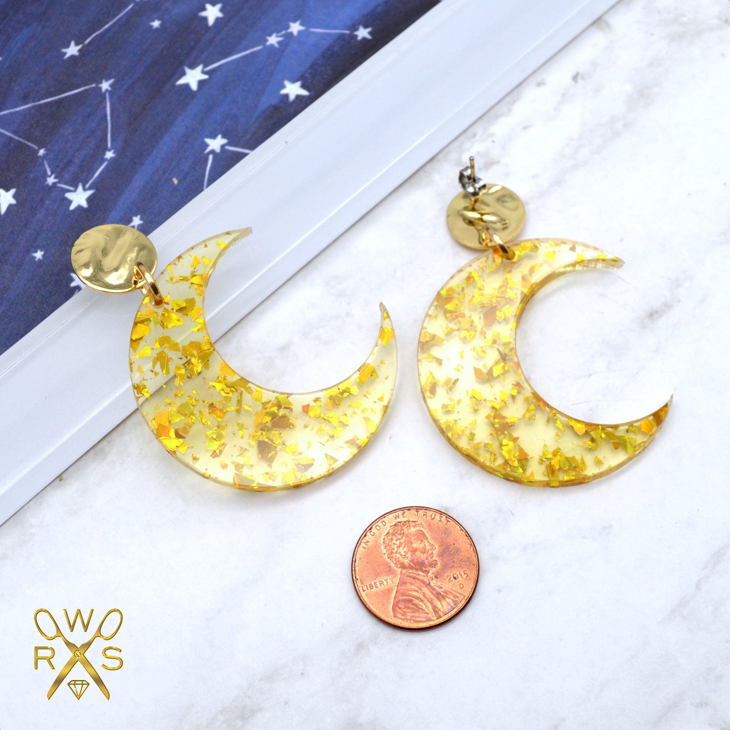 SALE Gold Foil Confetti Moon Laser Cut Acrylic Dangle Earrings