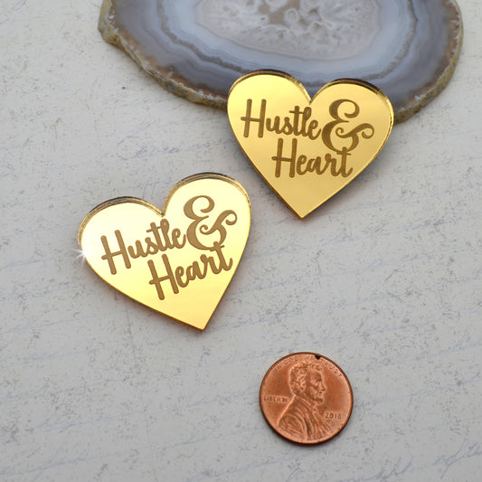 HUSTLE AND HEART Gold Mirror Laser Cut Acrylic Cabs Set of 2 Flatback Cabochons
