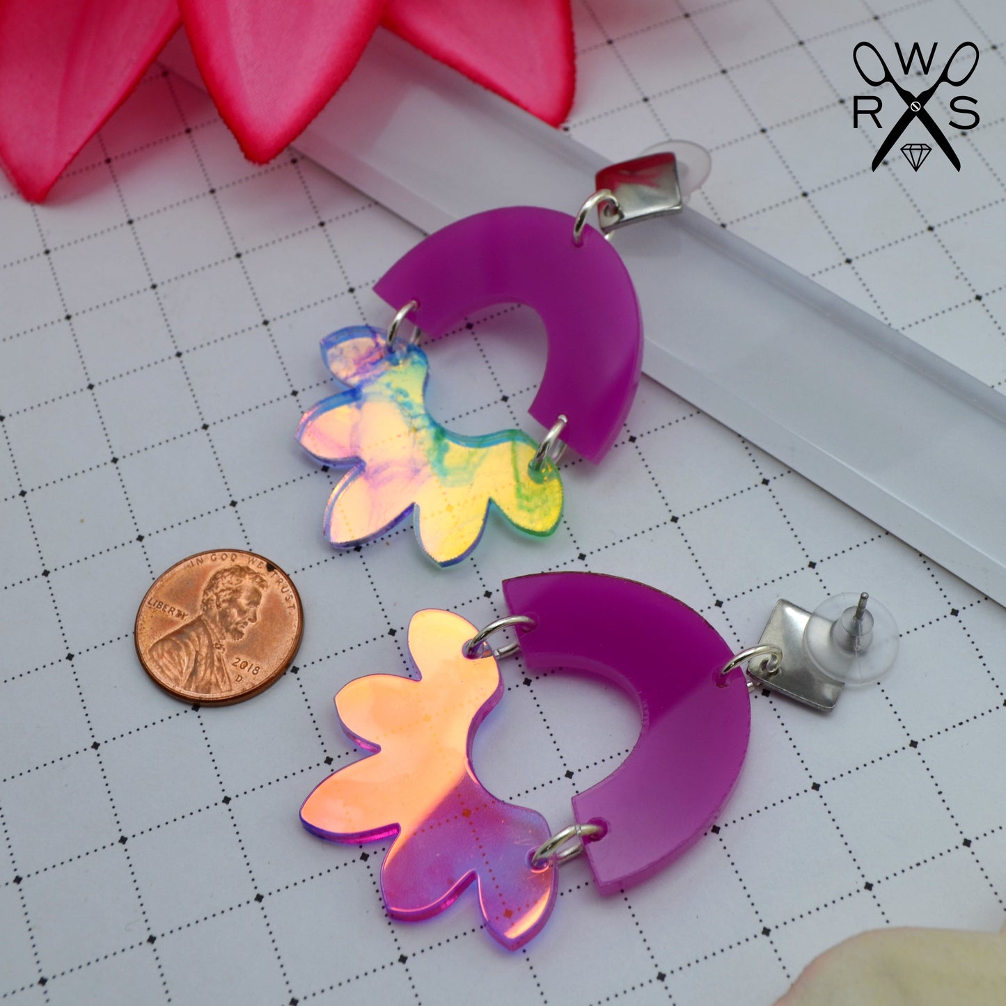 HAPPY BLOOM DANGLES in Magenta and Holographic Alcohol Ink Laser Cut Acrylic Post Earrings