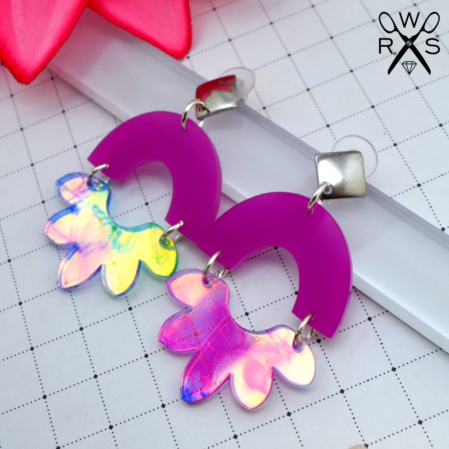 HAPPY BLOOM DANGLES in Magenta and Holographic Alcohol Ink Laser Cut Acrylic Post Earrings