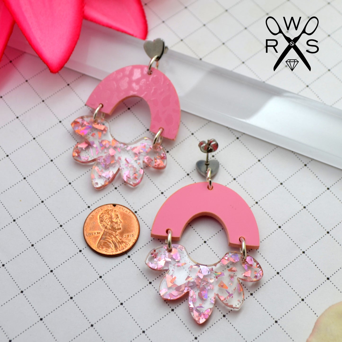 HAPPY BLOOM DANGLES in Bubblegum Pink and Foil Laser Cut Acrylic Post Earrings