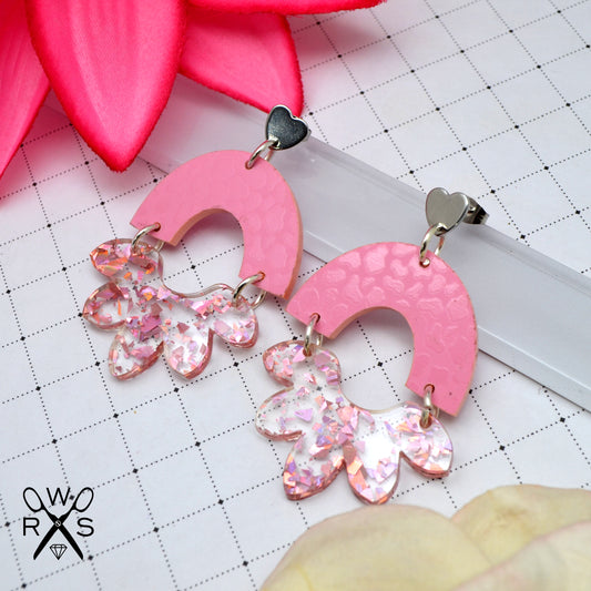 HAPPY BLOOM DANGLES in Bubblegum Pink and Foil Laser Cut Acrylic Post Earrings