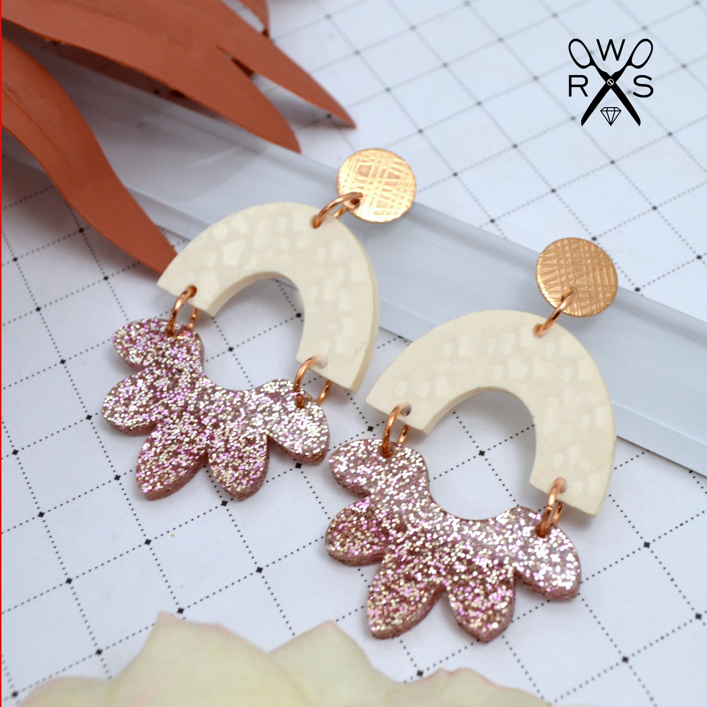 HAPPY BLOOM DANGLES in Ivory Leopard and Rose Gold Glitter Laser Cut Acrylic Post Earrings