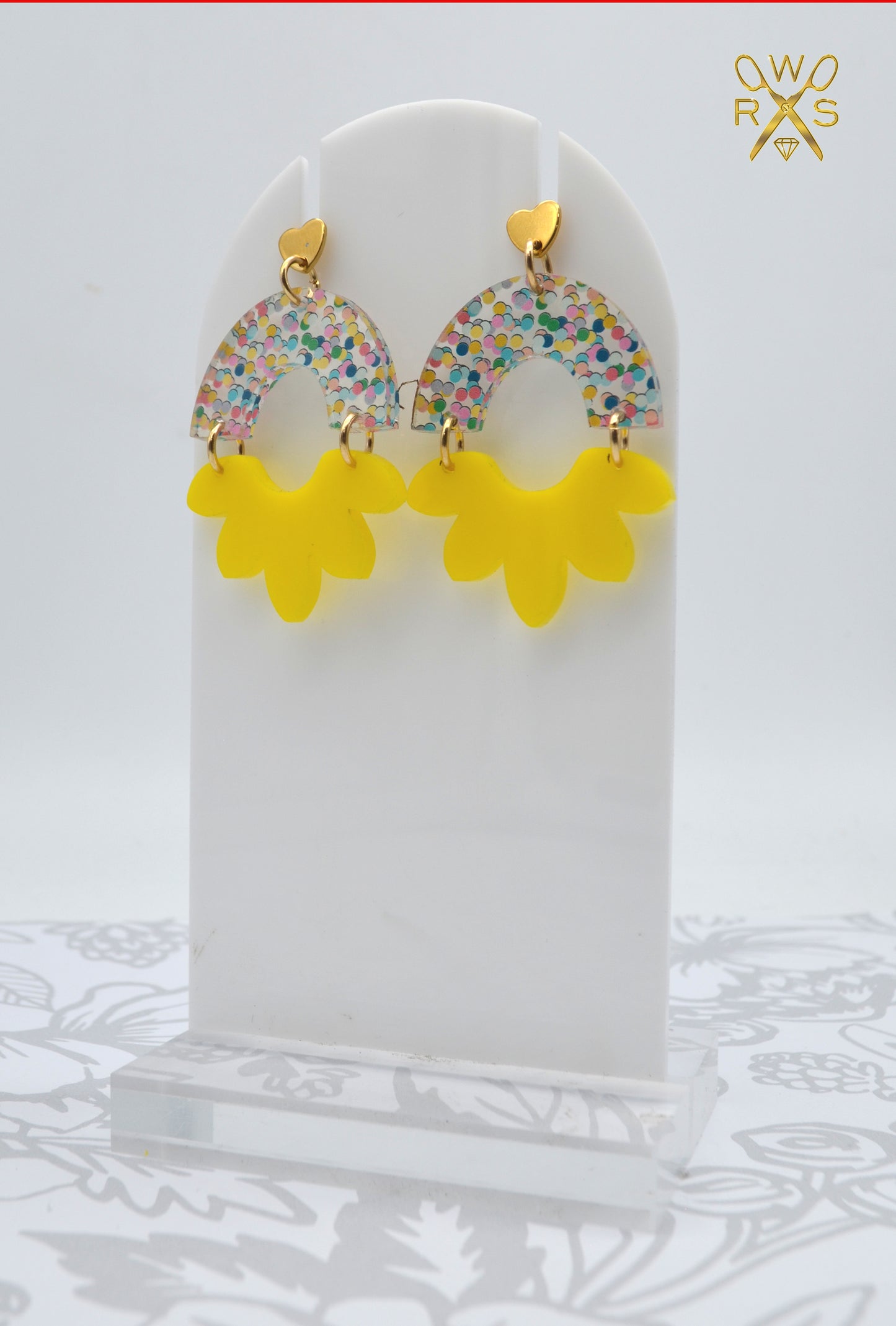 HAPPY BLOOM DANGLES in Bright Yellow and Sprinkle Confetti Laser Cut Acrylic Post Earrings