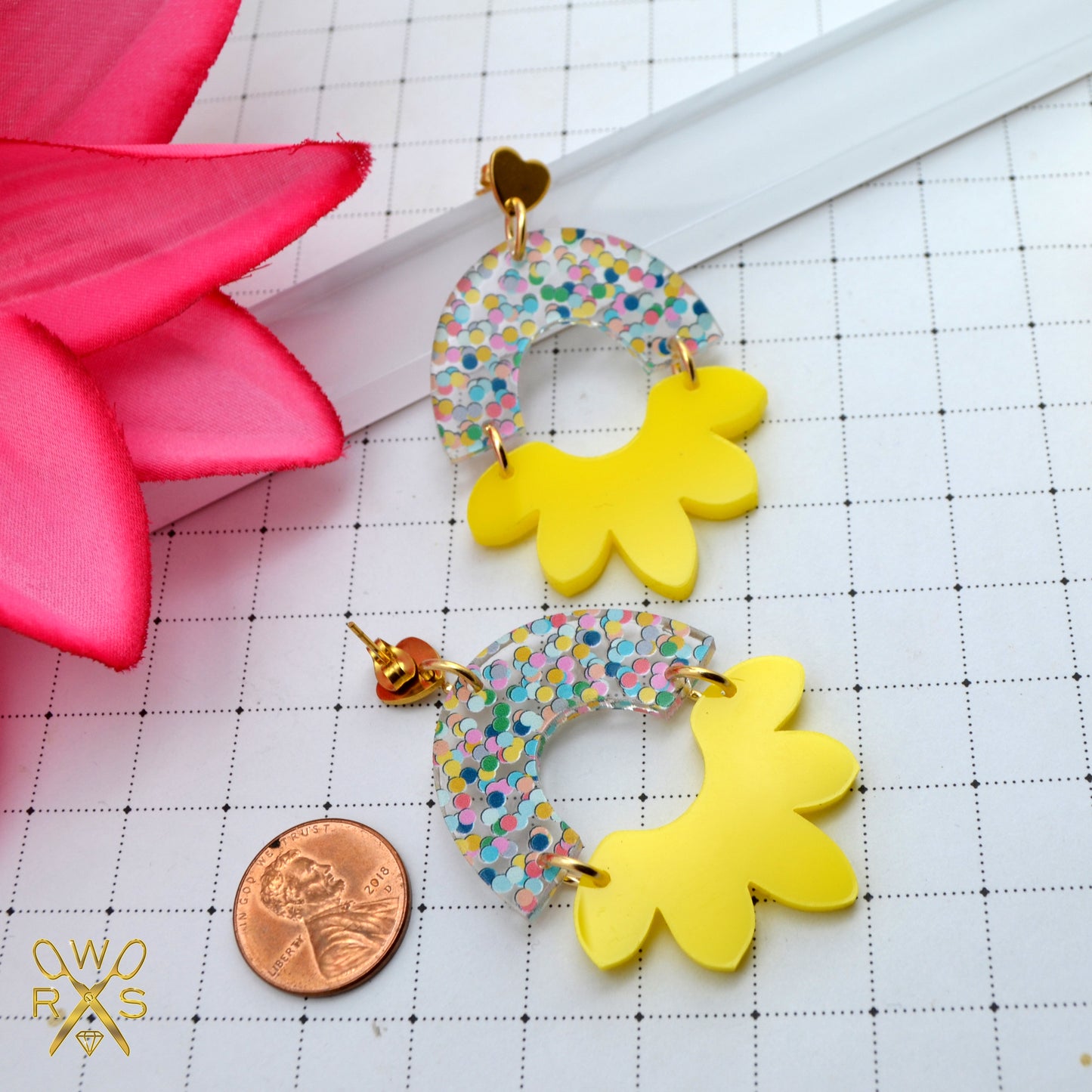 HAPPY BLOOM DANGLES in Bright Yellow and Sprinkle Confetti Laser Cut Acrylic Post Earrings