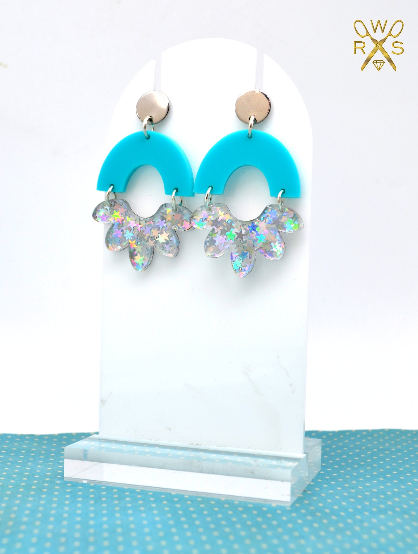 HAPPY BLOOM DANGLES in Turquoise and Holographic Star Laser Cut Acrylic Post Earrings