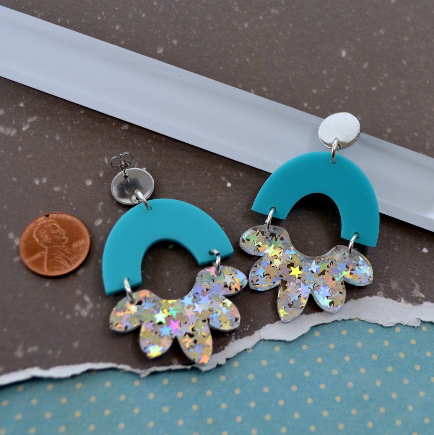 HAPPY BLOOM DANGLES in Turquoise and Holographic Star Laser Cut Acrylic Post Earrings