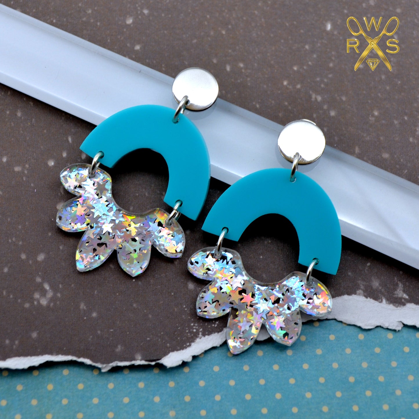 HAPPY BLOOM DANGLES in Turquoise and Holographic Star Laser Cut Acrylic Post Earrings