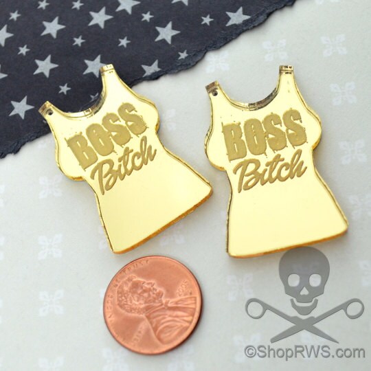 BOSS B-TCH - MATURE - T Shirt Gold Mirror Charms - Laser Cut Acrylic