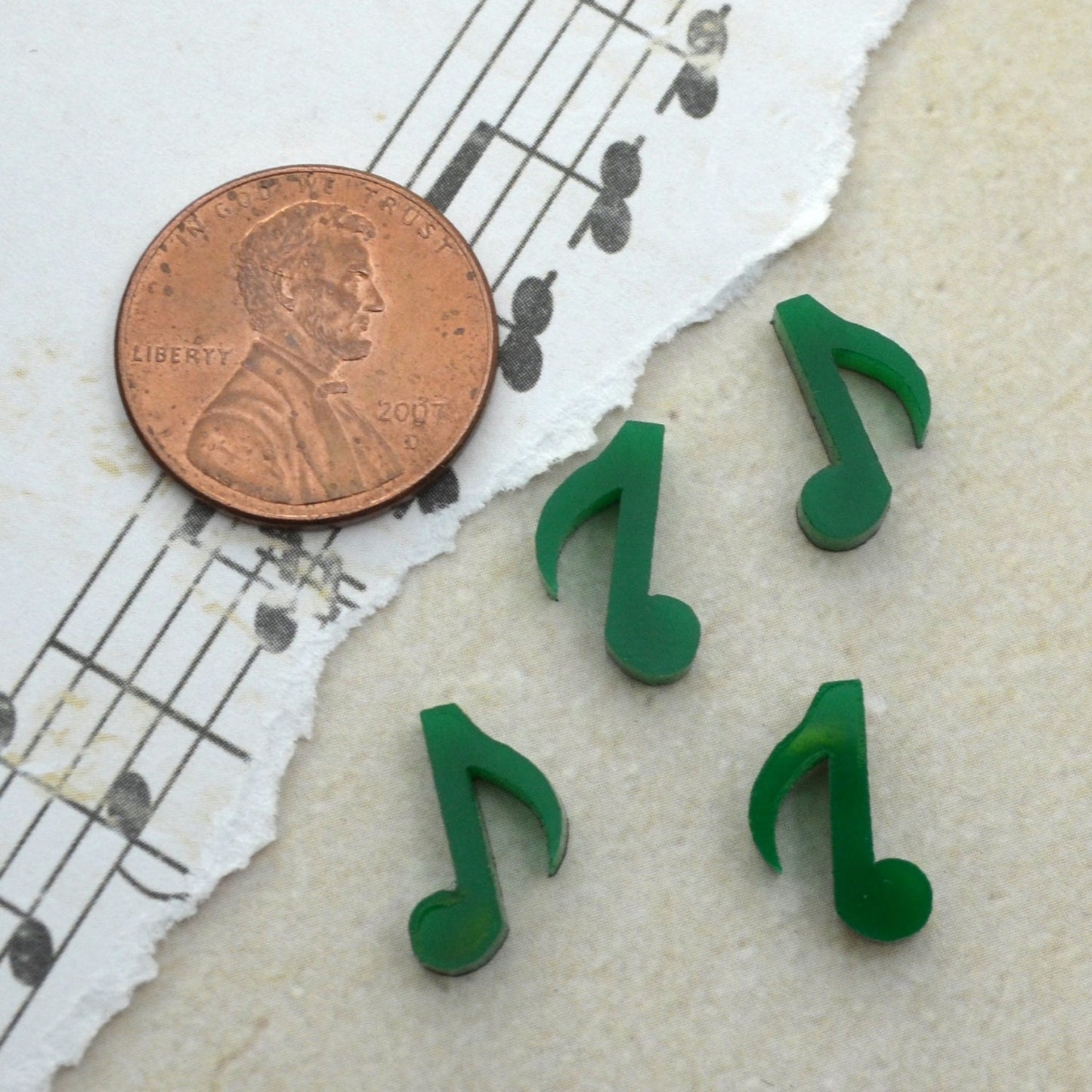MUSIC NOTES 4 Tiny Kelley Green Cabochons in Laser Cut Acrylic
