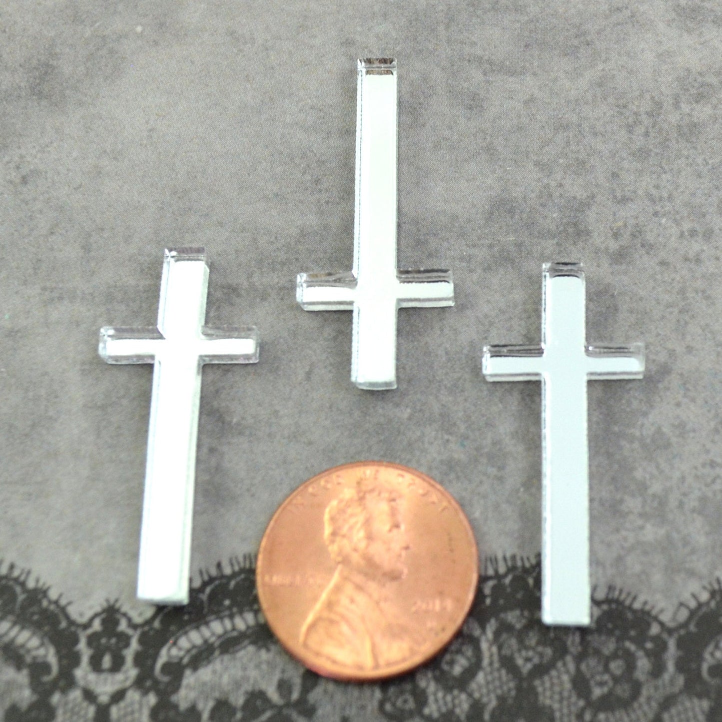 SILVER CROSS CABOCHONS 3 Flat Back Cabs in Silver Mirrored Laser Cut Acrylic