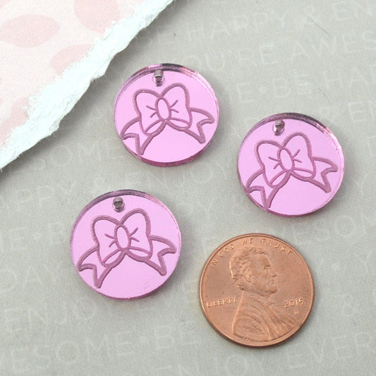 SWEET PINK BOWS Disc Charms in Pink Mirrored Acrylic