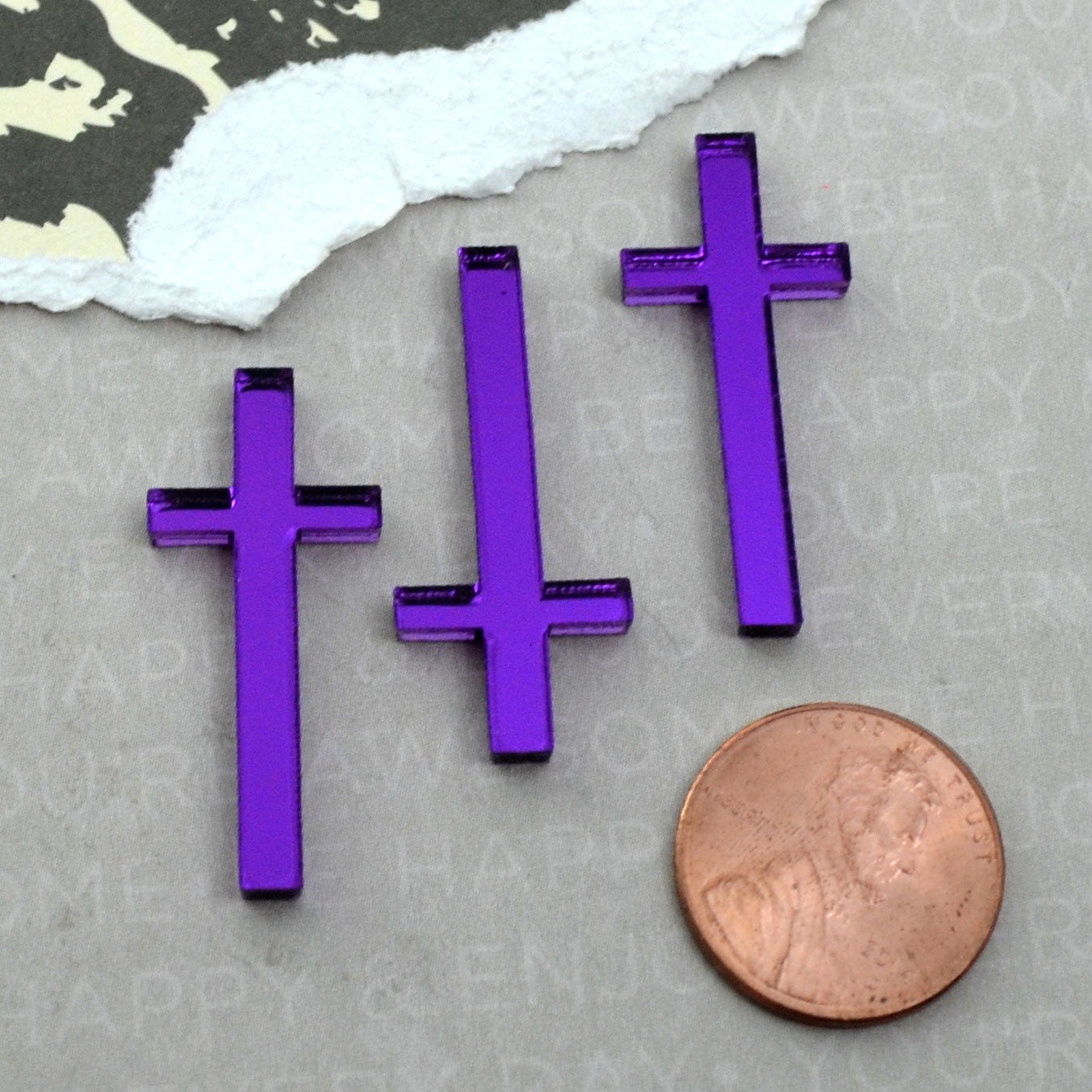 PURPLE CROSS CABOCHONS 3 Flat Back Cabs in Purple Mirror Laser Cut Acrylic