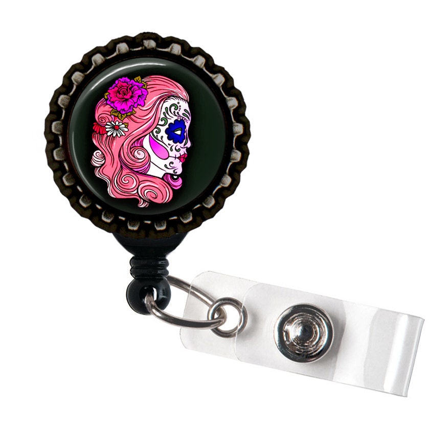 Pink Dia De Los Muertos Girl Tattoo Flash Black Retractable Badge Reel ID Holder