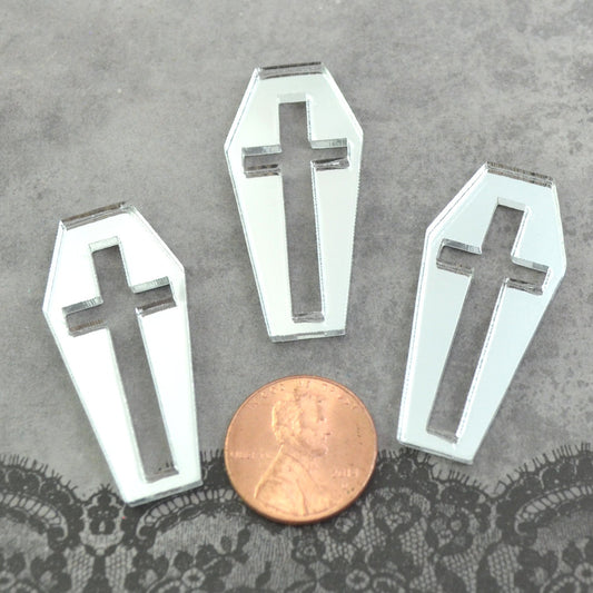 SILVER CROSS COFFINS  3 Pieces Silver Mirror Laser Cut Acrylic Cabochons