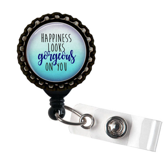 Happiness Looks Gorgeous on You Blue and Black Retractable Badge Reel ID Holder