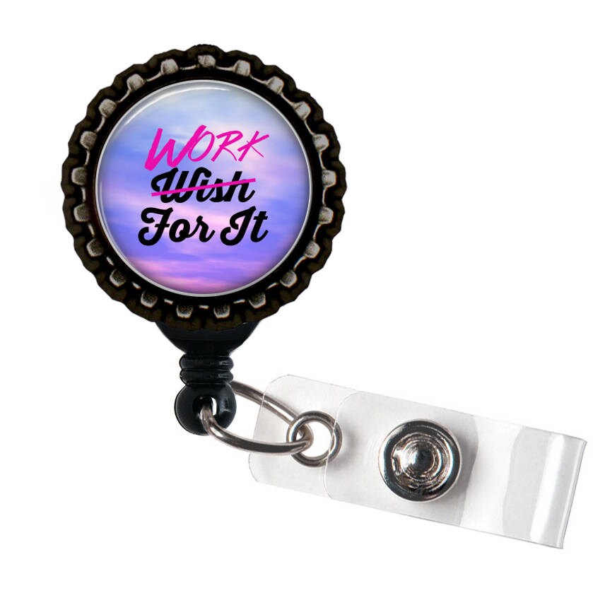WORK FOR IT Pink, Blue, and Black Retractable Badge Reel Id Holder