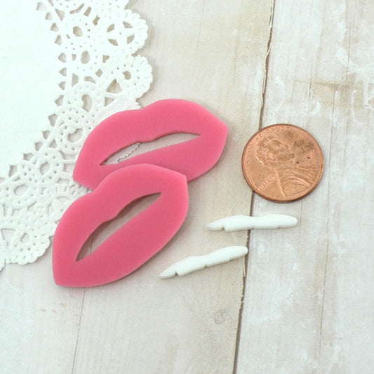 BUBBLEGUM PINK LIPS White Teeth 1 Pair Flat Back Cabochons in Laser Cut Acrylic