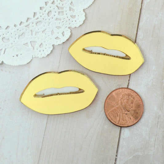 GOLD MIRROR LIPS White Teeth 1 Pair Cabochons Laser Cut Acrylic