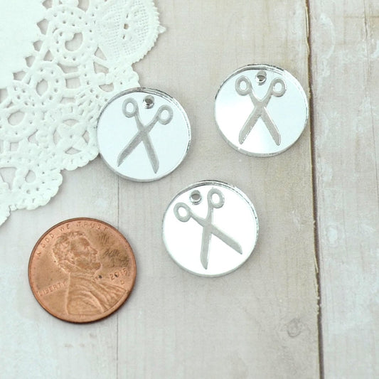 SILVER SCISSORS Circle Disc Charms in Mirror Laser Cut Acrylic