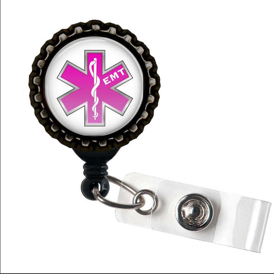 EMT LOVE Pink and Black Retractable Badge Reel ID Holder