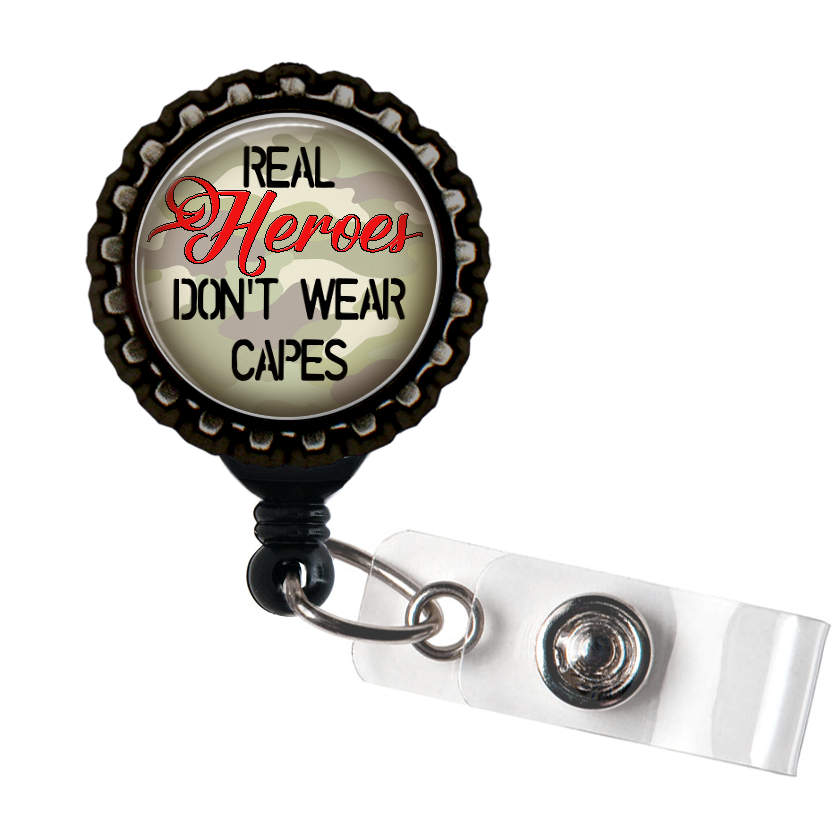 Real Heroes Don't Wear Capes Military Red and Black Retractable Badge Reel ID Holder