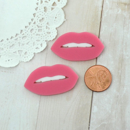 BUBBLEGUM PINK LIPS White Teeth 1 Pair Flat Back Cabochons in Laser Cut Acrylic