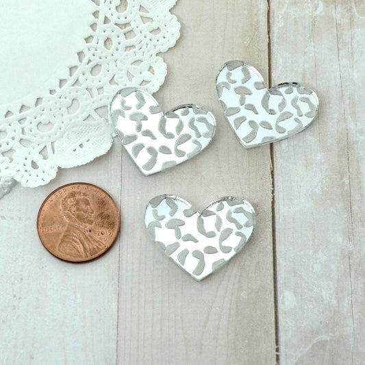 LARGE LEOPARD HEART Cabs Set of 3 Silver Mirror Cabochons in Laser Cut Acrylic