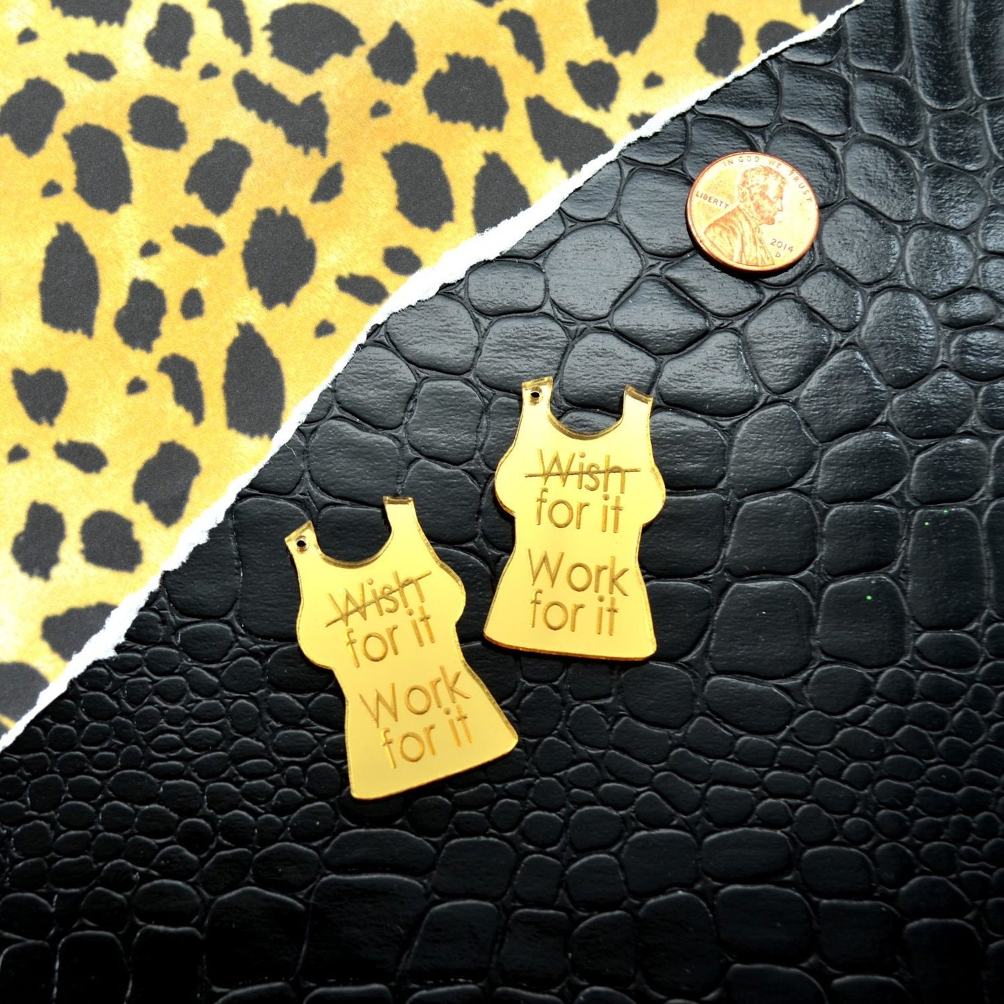 WORK FOR IT 2 Gold Mirrored Acrylic Shirt Charms