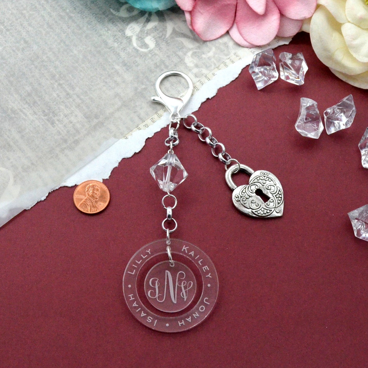 Family Name Purse Charm Custom Engraved Silver Colored Key Chain