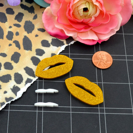 GOLD GLITTER LIPS With White Teeth Set of 2 Flat Back Cabochons in Laser Cut Acrylic