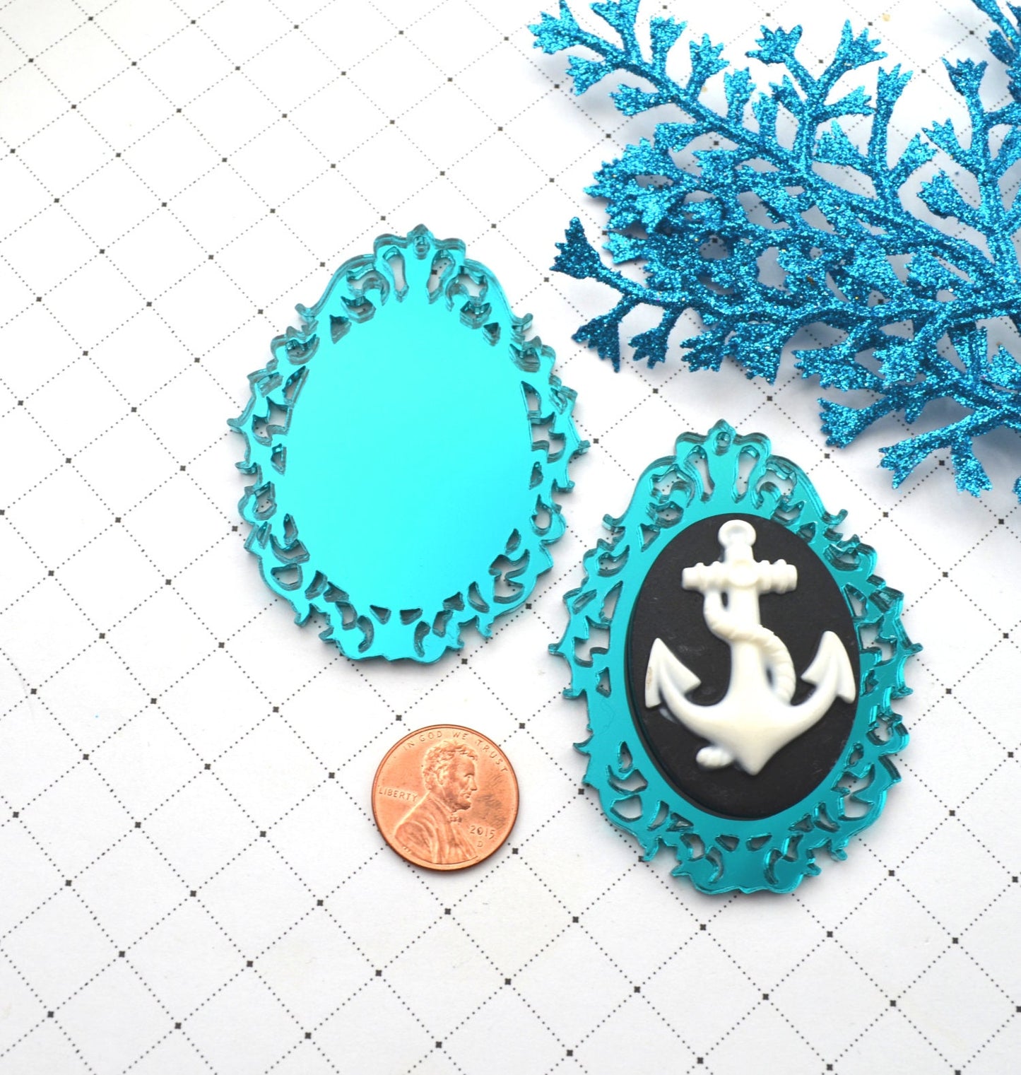 TEAL FILIGREE CAMEOS 30 x 40 mm Ornate Oval Settings Mirrored Laser Cut Acrylic