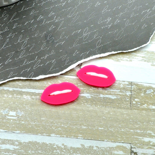 HOT PINK LIPS with White Teeth Set of 2 Flat Back Cabochons in Laser Cut Acrylic