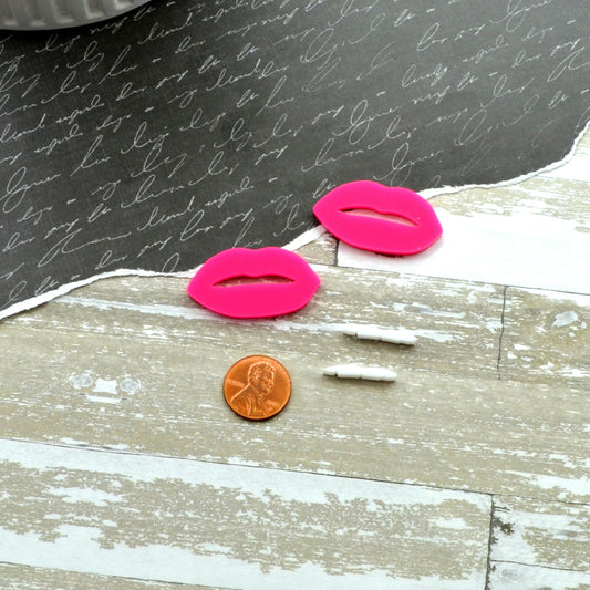 HOT PINK LIPS with White Teeth Set of 2 Flat Back Cabochons in Laser Cut Acrylic