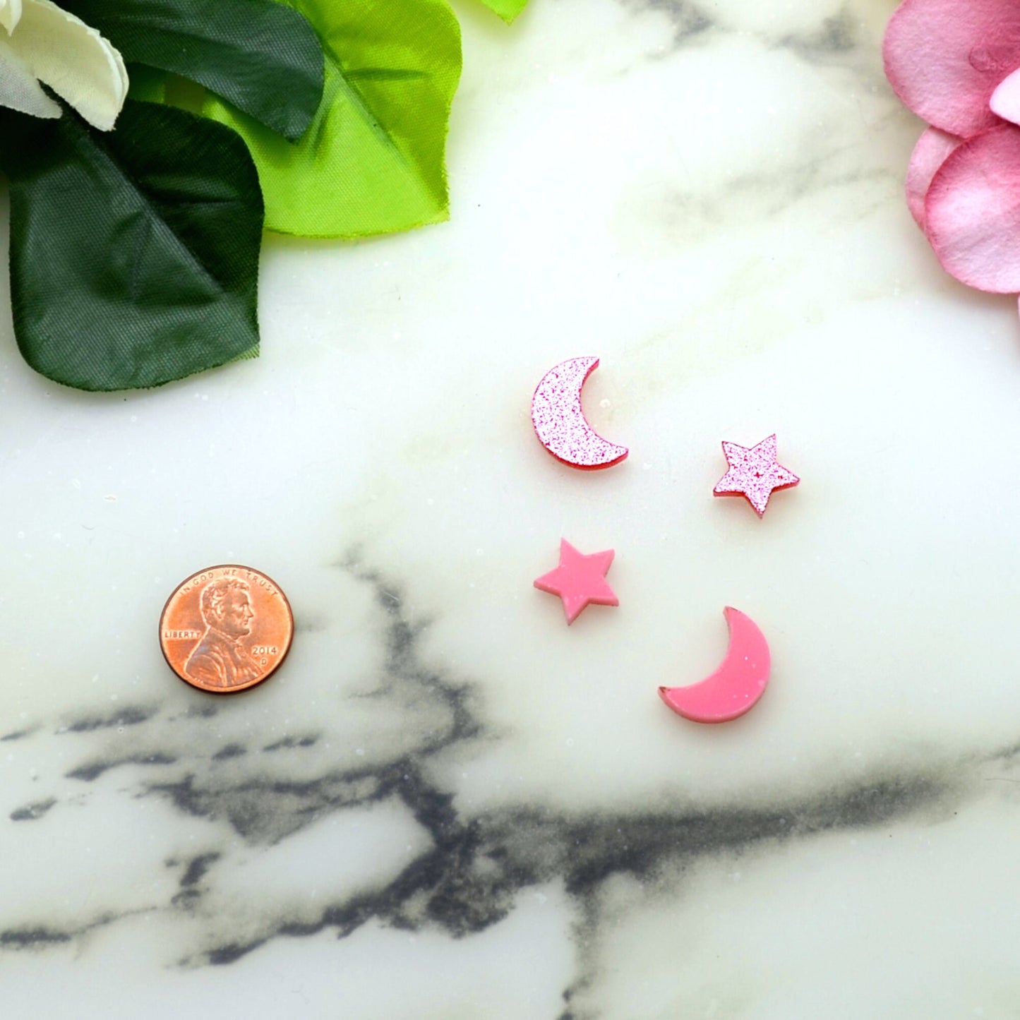 Glitter Pink MOON and STARS Set of 4 Flat Back Cabochons in Laser Cut Acrylic