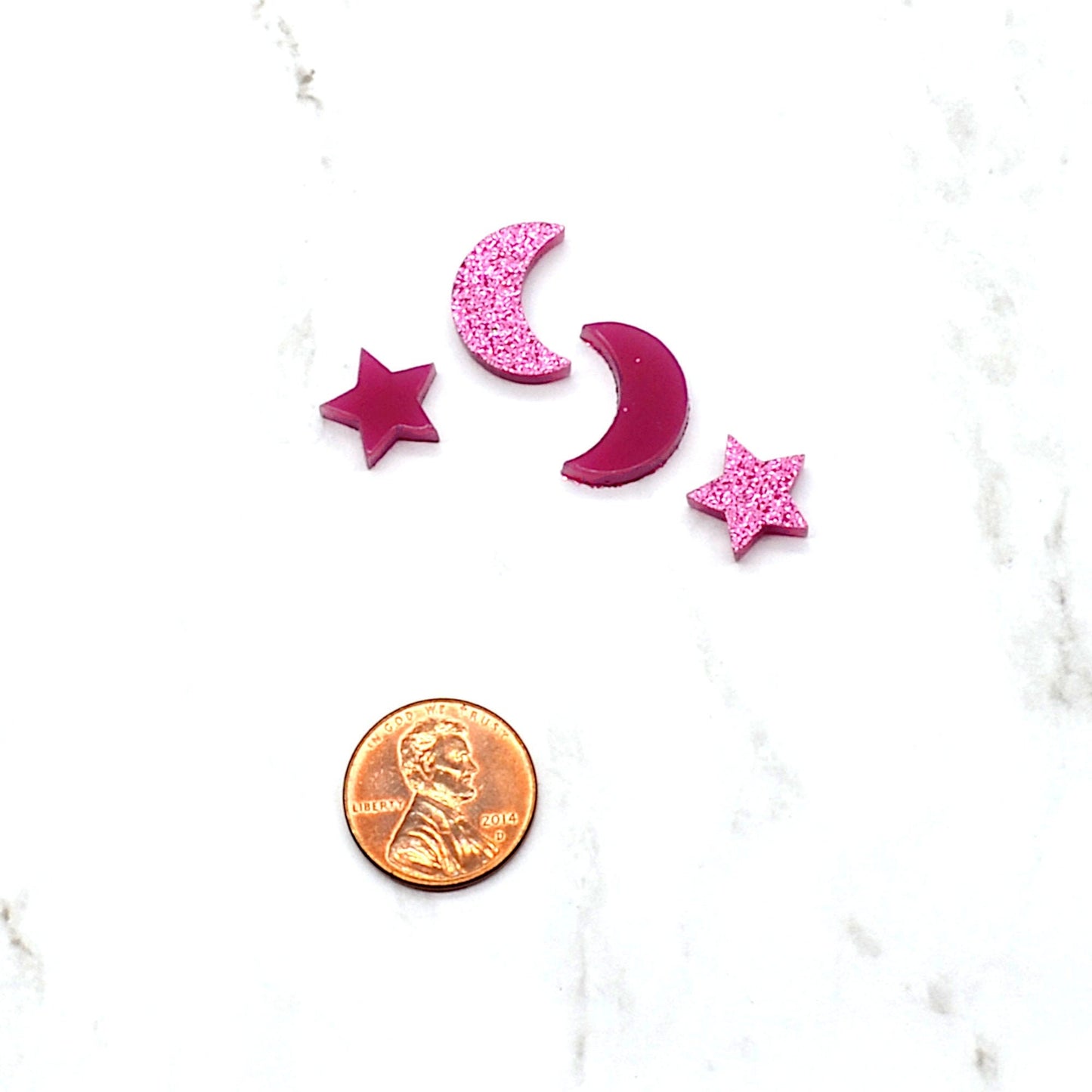 Glitter Magenta MOON and STARS  Set of 4 Cabochons in Laser Cut Acrylic