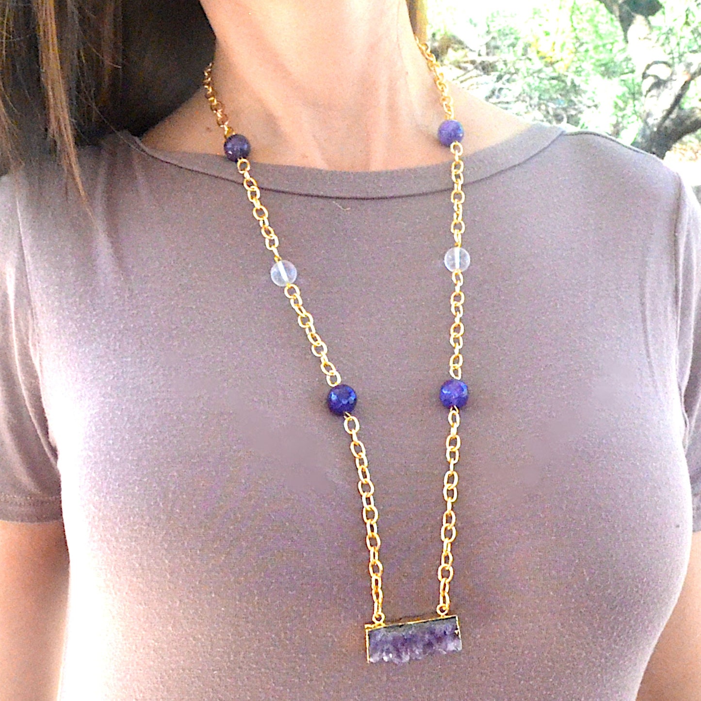SALE Amethyst Couture Gemstone Beaded Bar Necklace