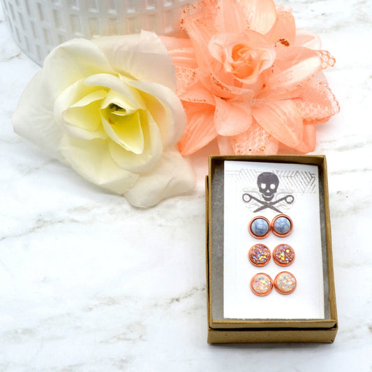 SALE Rose Gold Stud Earrings - 3 Pack - Faux Druzy & Marble