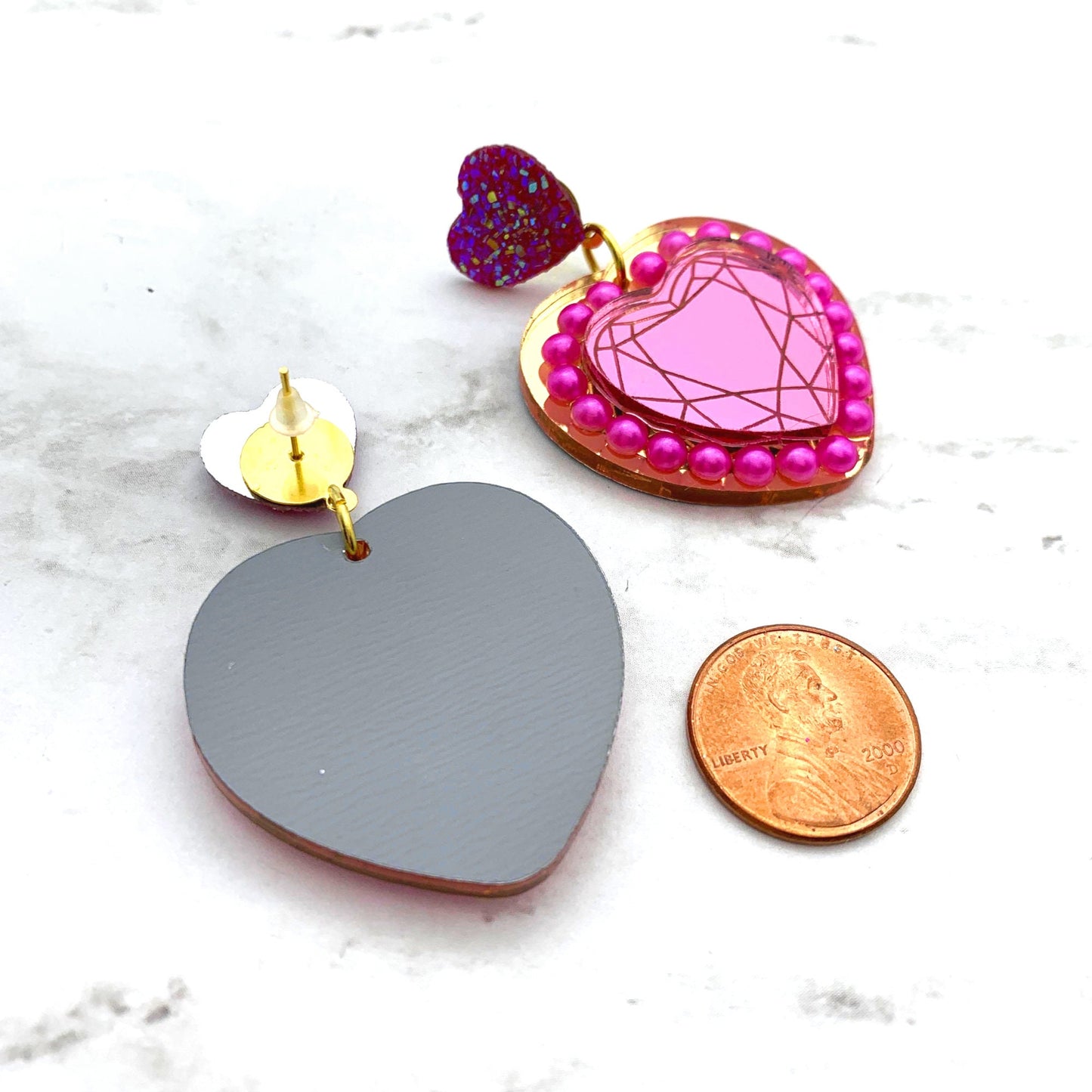 Queen Heart Dangle Earrings - Pink & Gold - Laser Cut Acrylic