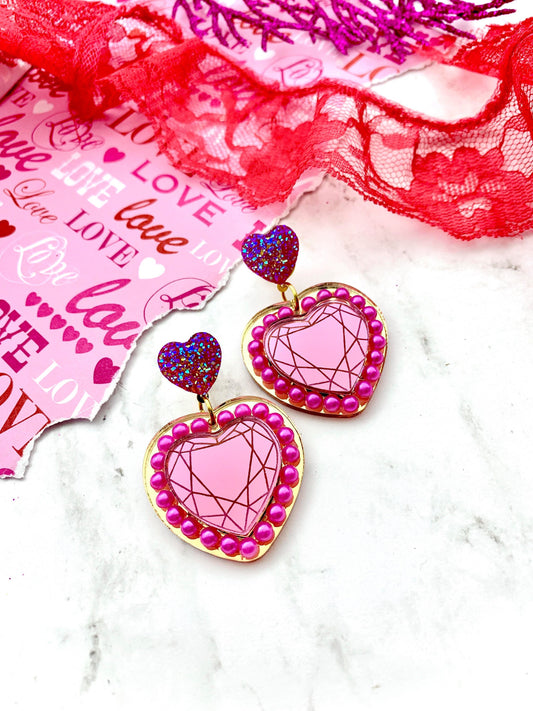 Queen Heart Dangle Earrings - Pink & Gold - Laser Cut Acrylic