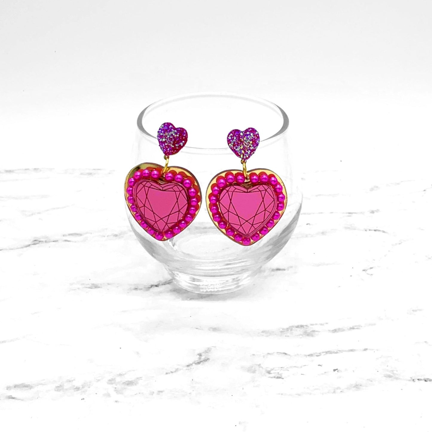 Queen Heart Dangle Earrings - Pink & Gold - Laser Cut Acrylic