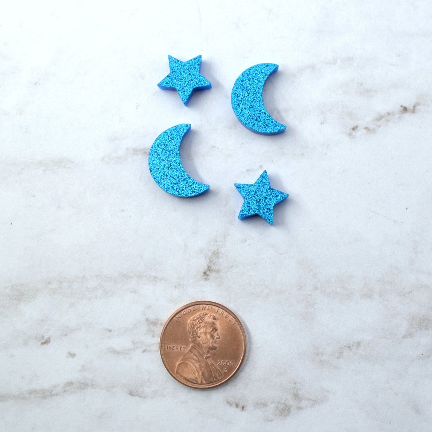 Light Blue Glitter Moon and Stars Set of 4 Cabochons in Laser Cut Acrylic