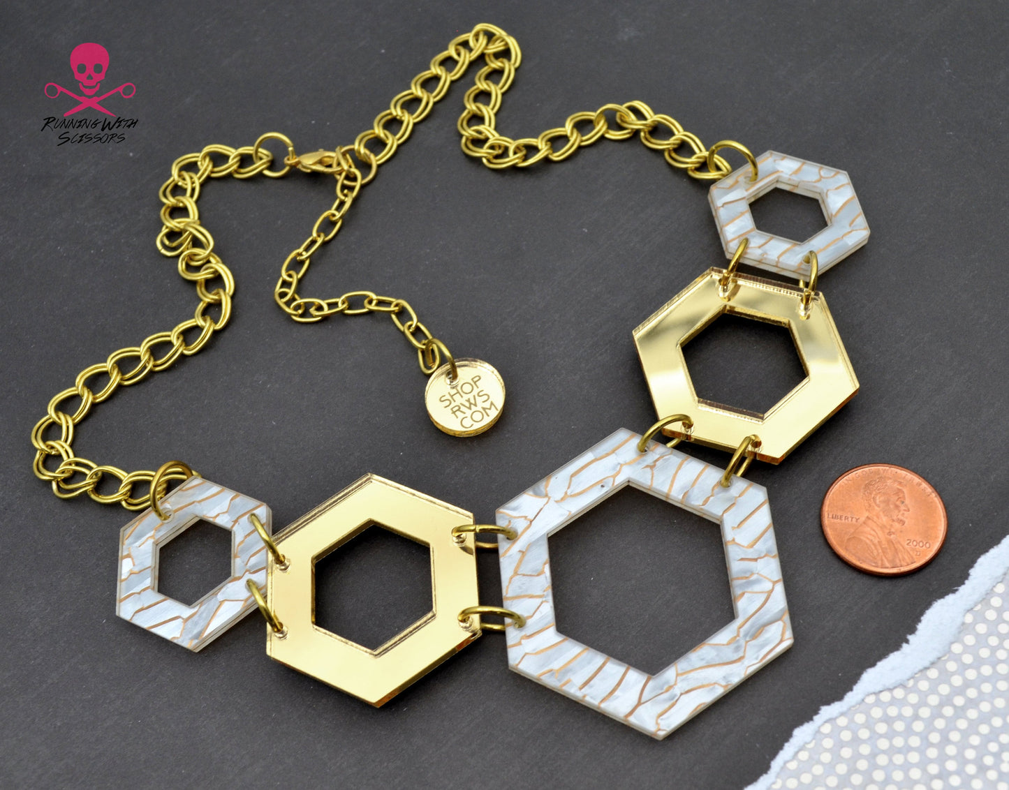 SALE GOLD WAVES Hexagon Bib Necklace