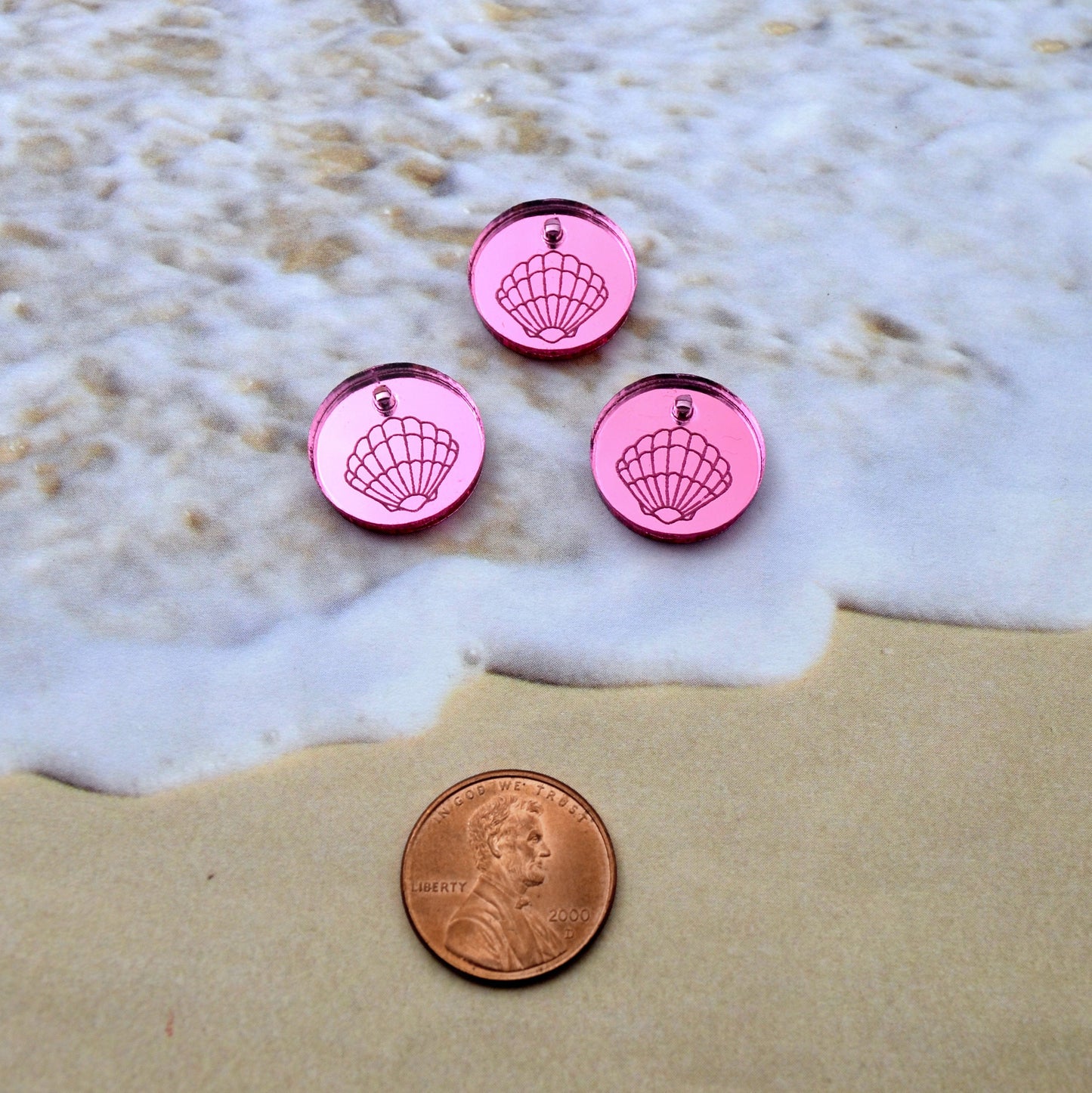 Pink Mirror Sea Shell Disc Charms - Seashells - Circle - Laser Cut Acrylic