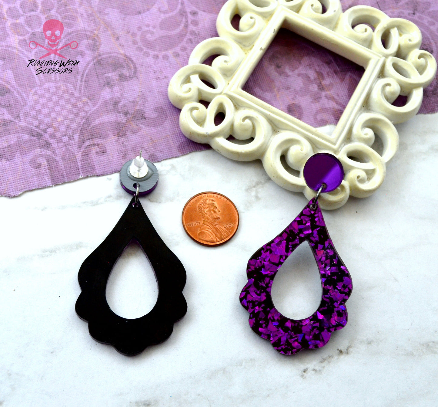 SALE Flourish Hoops in Purple Foil Dangles - Laser Cut Acrylic Earrings