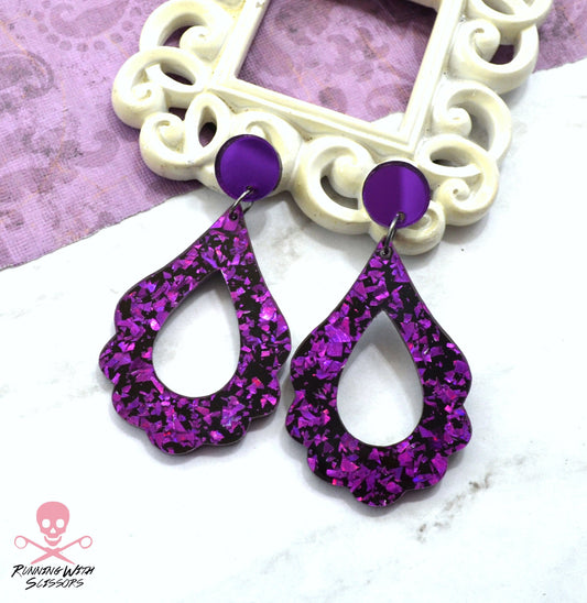 SALE Flourish Hoops in Purple Foil Dangles - Laser Cut Acrylic Earrings