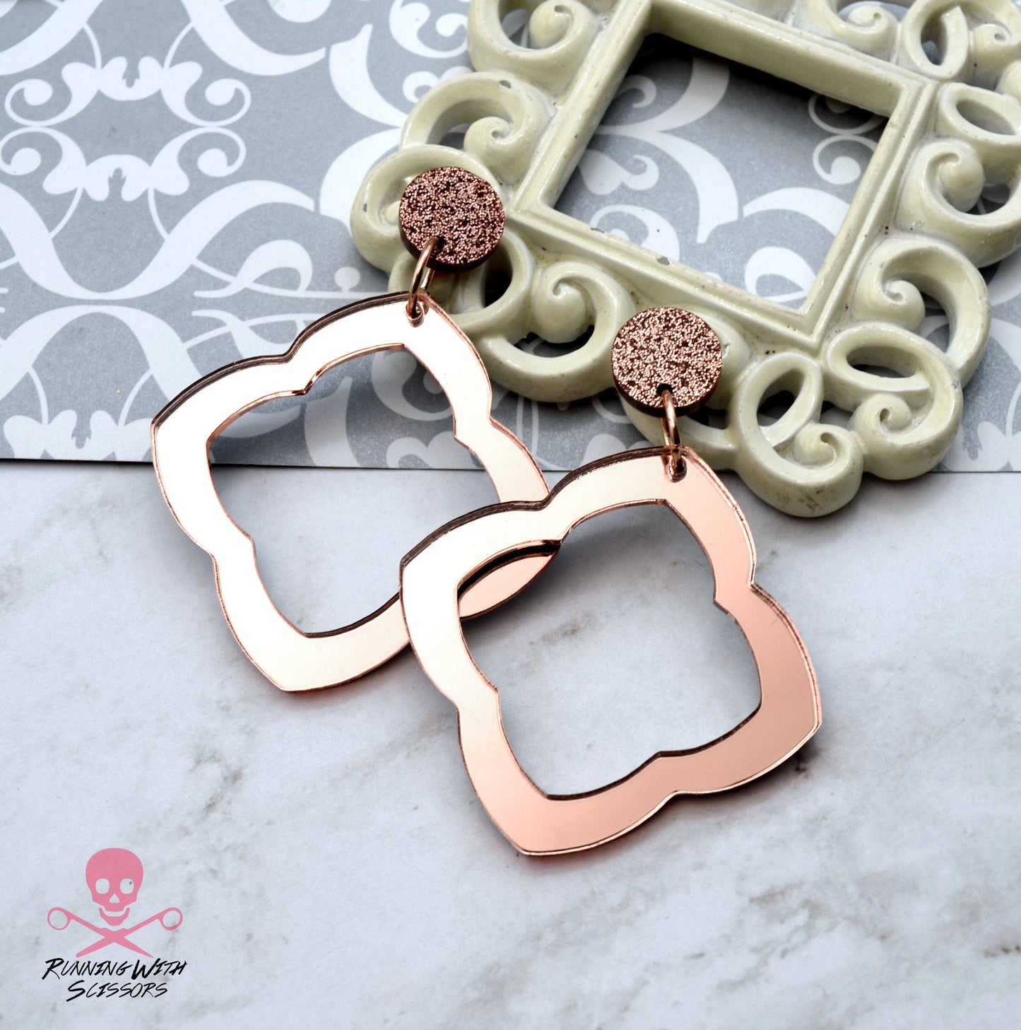SALE Rose Gold Moroccan Hoop Dangle Earrings Large or Small - Laser Cut Acrylic