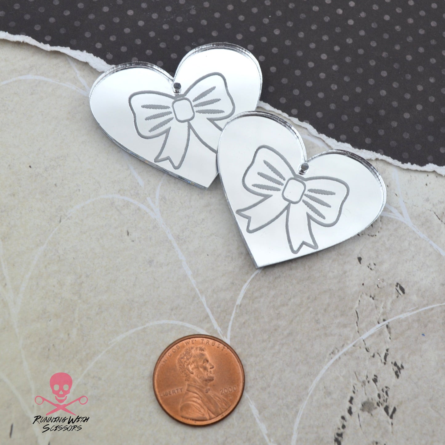 BOWTIE HEART - Silver Mirror Laser Cut Acrylic Etched Charms
