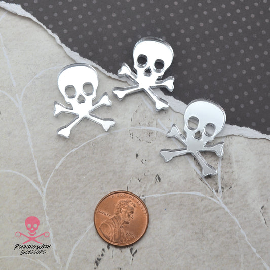 SKULL AND CROSSBONES  Silver Mirror Flat Back Cabochons in Laser Cut Acrylic