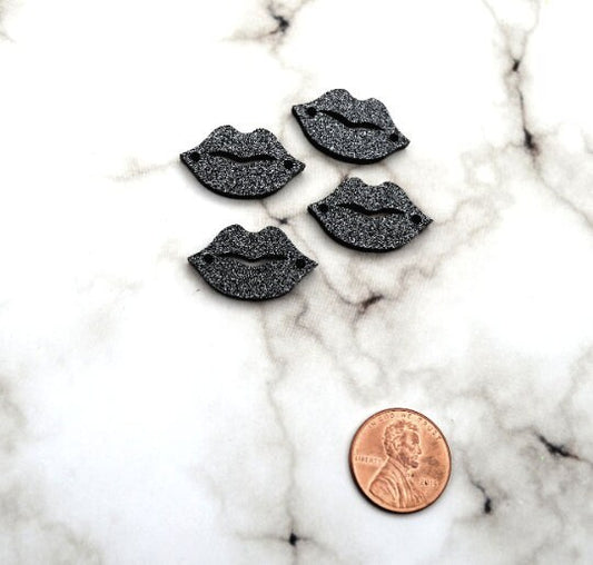 BLACK GLITTER  LIPS 2 Hole Charms 4 Pieces